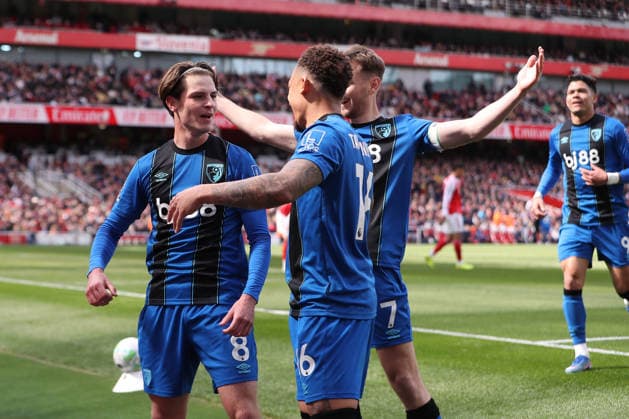 11th April 2026; Emirates Stadium, London, England; Premier League Football, Arsenal versus Bournemouth; Alex Scott of Bournemouth celebrates his goal in the 74th minute for 1-2 KatiexChan
