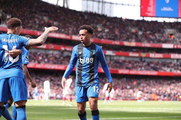 11th April 2026; Emirates Stadium, London, England; Premier League Football, Arsenal versus Bournemouth; Tyler Adams of Bournemouth celebrate their team goal by Alex Scott in the 74th minute for 1-2 KatiexChan