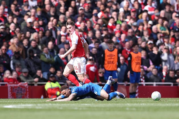 11th April 2026; Emirates Stadium, London, England; Premier League Football, Arsenal versus Bournemouth; Marcus Tavernier of Bournemouth is fouled by Viktor Gyokeres of Arsenal KatiexChan