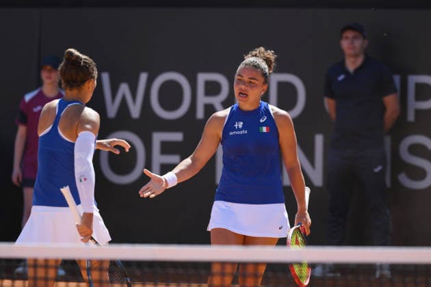 RECORD DATE NOT STATED 11th April 2026; ASD Colle degli Dei, Velletri, Italy; Billie Jean King Cup Qualifiers, Round One, Italy versus Japan; Sara Errani of Italy and Jasmine Paolini of Italy celebrate point AllShotxLive