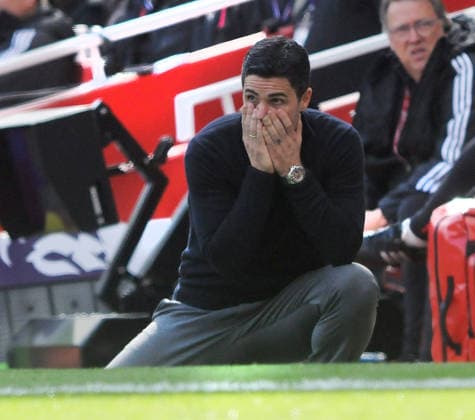 Football - 2025 2026 Premier League - Arsenal vs. AFC Bournemouth - Emirates Stadium - Saturday 11th April 2026 Arsenal Manager Mikel Arteta drops to his knees after going 2-1 behind 