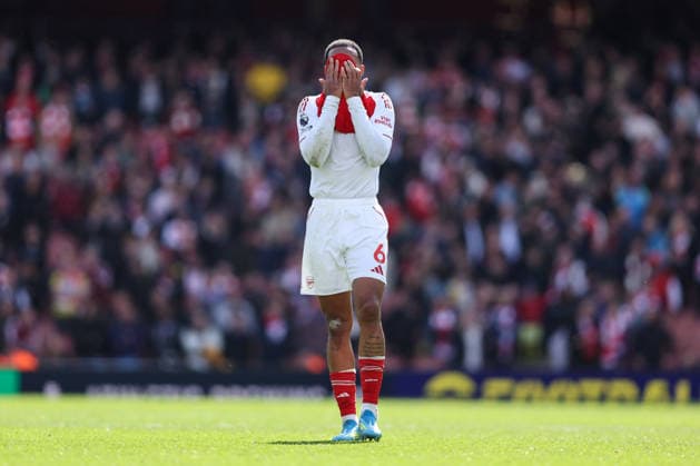 Arsenal v Bournemouth 11 April 2026, London - Premier League Football - Arsenal v AFC Bournemouth - Gabriel of Arsenal reacts at full-time after Arsenal lose 2-1 - Photo: Charlotte Wilson Offside. London UK Copyright: xCharlottexWilsonx xOffsidexOffside