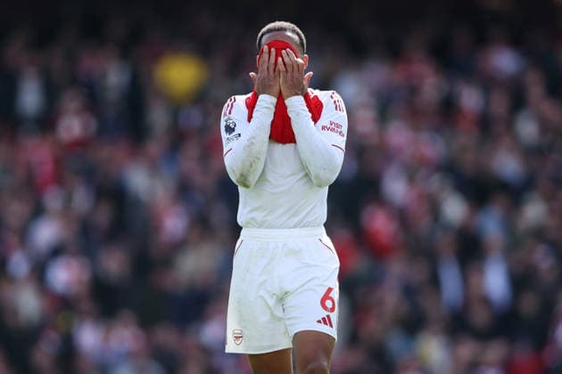 Arsenal v Bournemouth 11 April 2026, London - Premier League Football - Arsenal v AFC Bournemouth - Gabriel of Arsenal reacts at full-time after Arsenal lose 2-1 - Photo: Charlotte Wilson Offside. London UK Copyright: xCharlottexWilsonx xOffsidexOffside