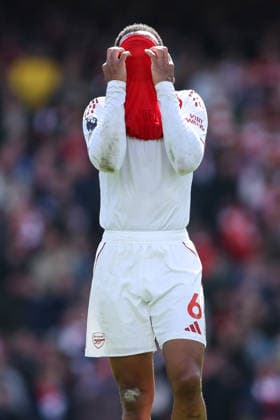 Arsenal v Bournemouth 11 April 2026, London - Premier League Football - Arsenal v AFC Bournemouth - Gabriel of Arsenal reacts at full-time after Arsenal lose 2-1 - Photo: Charlotte Wilson Offside. London UK Copyright: xCharlottexWilsonx xOffsidexOffside