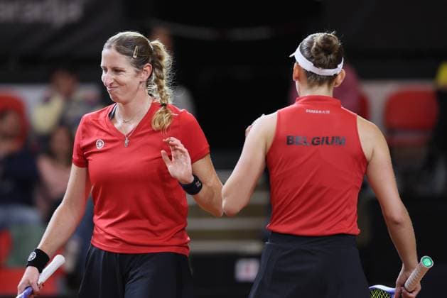 Belgian Magali Kempen and Belgian Greet Minnen pictured during the third game, a double game between Belgian pair Kempen Minnen and US pair McNally Melichar on the second day of the qualifiers of the Billie Jean King Cup tennis between Belgium and the USA, in Oostende, Belgium, on . The meeting takes place on 10 and 11th April. PHOTO BENOITxDOPPAGNE  x170476744x