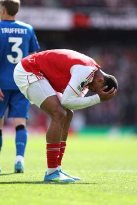 Arsenal v Bournemouth 11 April 2026, London - Premier League Football - Arsenal v AFC Bournemouth - Gabriel of Arsenal reacts after a missed chance - Photo: Charlotte Wilson Offside. London UK Copyright: xCharlottexWilsonx xOffsidexOffside