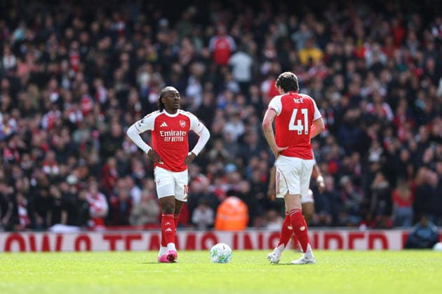Arsenal v Bournemouth 11 April 2026, London - Premier League Football - Arsenal v AFC Bournemouth - Eberechi Eze and Declan Rice of Arsenal at the centre circle after conceding the 2nd Bournemouth goal - Photo: Charlotte Wilson Offside. London UK Copyright: xCharlottexWilsonx xOffsidexOffside
