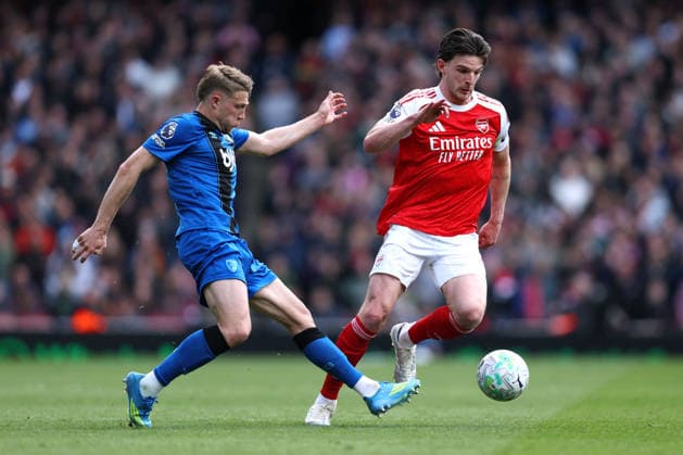 Arsenal v Bournemouth 11 April 2026, London - Premier League Football - Arsenal v AFC Bournemouth - Adrien Truffert of Bournemouth dispossesses Declan Rice of Arsenal - Photo: Charlotte Wilson Offside. London UK Copyright: xCharlottexWilsonx xOffsidexOffside