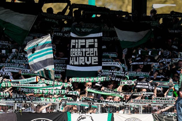 April 11, 2026, Muenster, Germany: SC Pruessen Muenster fans before the start of the match against SpVgg Greuther Fuerth in the 2. Bundesliga on April 11, 2026, in Muenster, Germany...DFL REGULATIONS PROHIBIT ANY USE OF PHOTOGRAPHS AS IMAGE SEQUENCES AND OR QUASI-VIDEO Soccer 2026: Pruessen Muenster 0:0 SpVgg Greuther Fuerth  - ZUMAc201 20260411_zap_c201_013 Copyright: xScottxColemanx