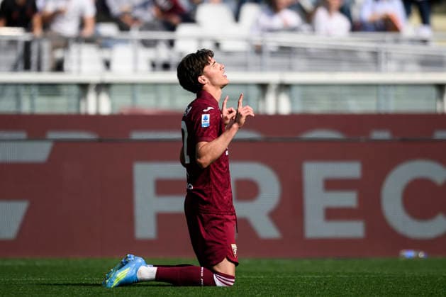 Torino FC v Hellas Verona FC - Serie A Cesare Casadei of Torino FC celebrates after scoring a goal during the Serie A football match between Torino FC and Hellas Verona FC. Turin Italy Copyright: xNicolòxCampox