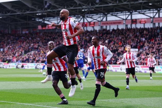 London, England, 11th April 2026. Igor Thiago of Brentford celebrates after scoring to make it 1-0 during the Brentford vs Everton Premier League match at Gtech Community Stadium, London. Picture credit should read: Paul Terry Sportimage EDITORIAL USE ONLY. No use with unauthorised audio, video, data, fixture lists, club league logos or live services. Online in-match use limited to 120 images, no video emulation. No use in betting, games or single club league player publications. SPI_022_PT_Brentford_Everton SPI-4678-0022