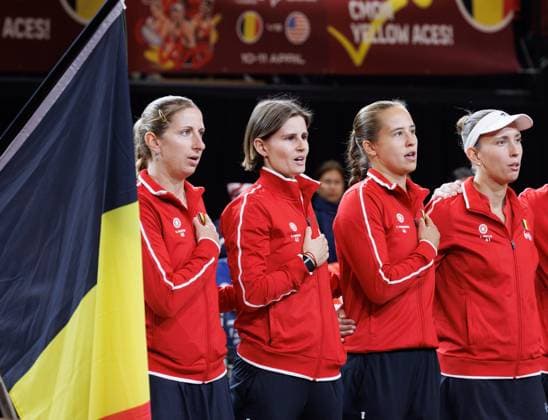the third game, a double game between Belgian pair Kempen Mertens and US pair McNally Melichar on the second day of the qualifiers of the Billie Jean King Cup tennis between Belgium and the USA, in Oostende, Belgium, on Saturday 11 April 2026. The meeting takes place on 10 and 11th April. PHOTO BENOITxDOPPAGNE  x170478874x