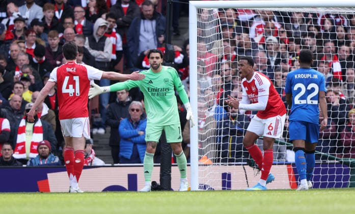 Declan Rice (A) David Raya (A) Gabriel Magalhaes (A) at the Arsenal v AFC Bournemouth EPL match, at the Emirates Stadium, London, UK on 11th April, 2026. 