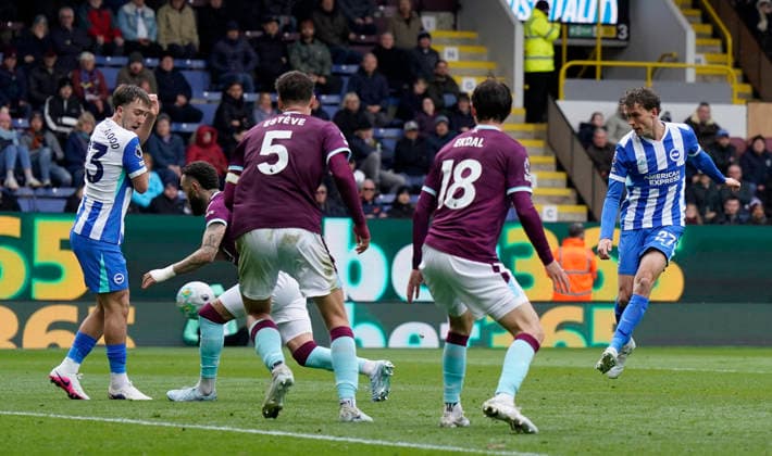 Burnley, England, 11th April 2026. Mats Wieffer of Brighton scores the opening goal during the Burnley vs Brighton and Hove Albion Premier League match at Turf Moor, Burnley. Picture credit should read: Andrew Yates Sportimage EDITORIAL USE ONLY. No use with unauthorised audio, video, data, fixture lists, club league logos or live services. Online in-match use limited to 120 images, no video emulation. No use in betting, games or single club league player publications. SPI_007_AY_BURNLEY_BRIGHTON SPI-4677-0007