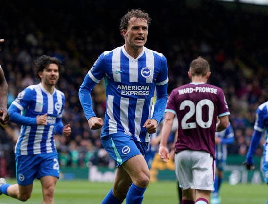 Burnley, England, 11th April 2026. Mats Wieffer of Brighton celebrates after scoring the opening goal during the Burnley vs Brighton and Hove Albion Premier League match at Turf Moor, Burnley. Picture credit should read: Andrew Yates Sportimage EDITORIAL USE ONLY. No use with unauthorised audio, video, data, fixture lists, club league logos or live services. Online in-match use limited to 120 images, no video emulation. No use in betting, games or single club league player publications. SPI_013_AY_BURNLEY_BRIGHTON SPI-4677-0013