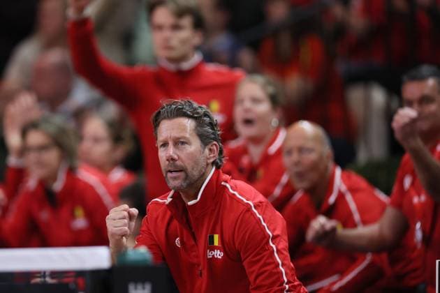 Belgian team captain Wim Fissette pictured during the fourth game between Belgian Minnen and US Jovic on the second day of the qualifiers of the Billie Jean King Cup tennis between Belgium and the USA, in Oostende, Belgium, on Saturday 11 April 2026. The meeting takes place on 10 and 11th April. PHOTO BENOITxDOPPAGNE  x170482346x