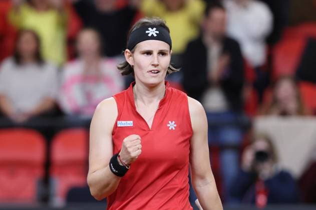 Belgian Greet Minnen pictured during the fourth game between Belgian Minnen and US Jovic on the second day of the qualifiers of the Billie Jean King Cup tennis between Belgium and the USA, in Oostende, Belgium, on Saturday 11 April 2026. The meeting takes place on 10 and 11th April. PHOTO BENOITxDOPPAGNE  x170484649x