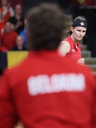 Belgian Greet Minnen pictured during the fourth game between Belgian Minnen and US Jovic on the second day of the qualifiers of the Billie Jean King Cup tennis between Belgium and the USA, in Oostende, Belgium, on Saturday 11 April 2026. The meeting takes place on 10 and 11th April. PHOTO BENOITxDOPPAGNE  x170484658x