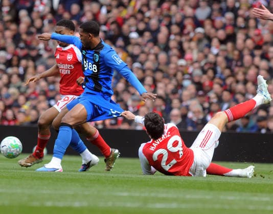 Football - 2025 2026 Premier League - Arsenal vs. AFC Bournemouth - Emirates Stadium - Saturday 11th April 2026 Kai Havertz of Arsenal pulls the shorts of Rayan 