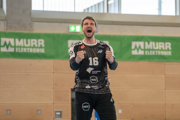 Handball I Herren I Saison 2025-2026 I 2. Bundesliga I 27. Spieltag I HC Oppenweiler Backnang - Dessau-Roßlauer HV I 11.04.2026 Philip Ambrosius (16, Dessau-Roßlauer HV 06) jubelt Backnang Murrtal Arena Baden-Württemberg Deutschland Copyright: xLobeca MaxxPetershansx