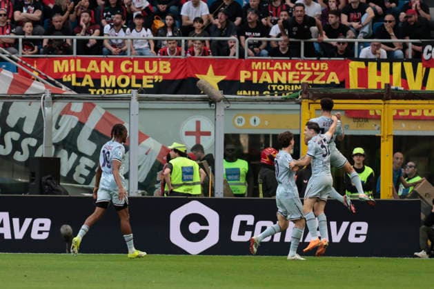 April 11, 2026, Milan, Lombardia, Italy: Udinese s ARTHUR ATTA celebrates after scoring a goal during the Italian Serie A Enilive soccer championship football match between AC Milan and Udinese Calcio at San Siro Stadium on April 11th, 2026, Milan, Italy Milan Italy - ZUMAr199 20260411_zsp_r199_035 Copyright: xMattiaxRadonix