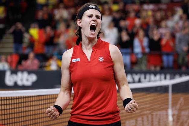 Belgian Greet Minnen celebrates winning her match the fourth game between Belgian Minnen and US Jovic on the second day of the qualifiers of the Billie Jean King Cup tennis between Belgium and the USA, in Oostende, Belgium, on Saturday 11 April 2026. The meeting takes place on 10 and 11th April. PHOTO BENOITxDOPPAGNE  x170491728x