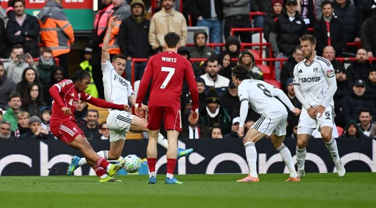 Rio Ngumoha of Liverpool scores the team s first goal Liverpool v Fulham, Premier League, Football, Anfield, Liverpool, UK - 11 Apr 2026Liverpool Anfield United Kingdom EDITORIAL USE ONLY No use with unauthorised audio, video, data, fixture lists, club league logos or live services. Online in-match use limited to 120 images, no video emulation. No use in betting, games or single club league player publications. Copyright: xAnnaxGowthorpe Shutterstockx 16823590at