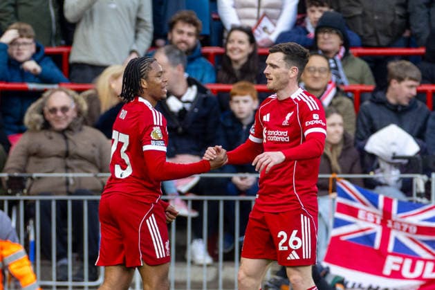 Football - FA Premier League - Liverpool FC v Fulham FC LIVERPOOL, ENGLAND - Saturday, April 11, 2026: Liverpool s Rio Ngumoha celebrates with team-mate Andy Robertson (R) after scoring the first goal during the FA Premier League match between Liverpool FC and Fulham FC at Anfield. (Photo by David Rawcliffe Propaganda) LIVERPOOL Anfield MERSEYSIDE ENGLAND  Copyright: xDavidxRawcliffex P2026-04-11-Liverpool_Fulham-55