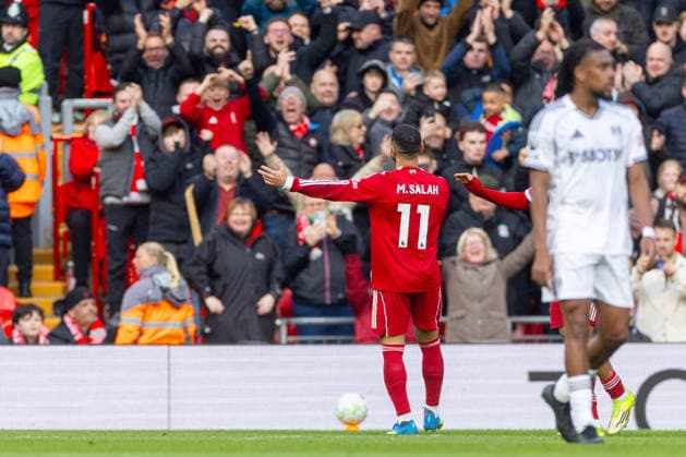 Football - FA Premier League - Liverpool FC v Fulham FC LIVERPOOL, ENGLAND - Saturday, April 11, 2026: Liverpool s Mohamed Salah celebrates after scoring the second goal during the FA Premier League match between Liverpool FC and Fulham FC at Anfield. (Photo by David Rawcliffe Propaganda) LIVERPOOL Anfield MERSEYSIDE ENGLAND  Copyright: xDavidxRawcliffex P2026-04-11-Liverpool_Fulham-61