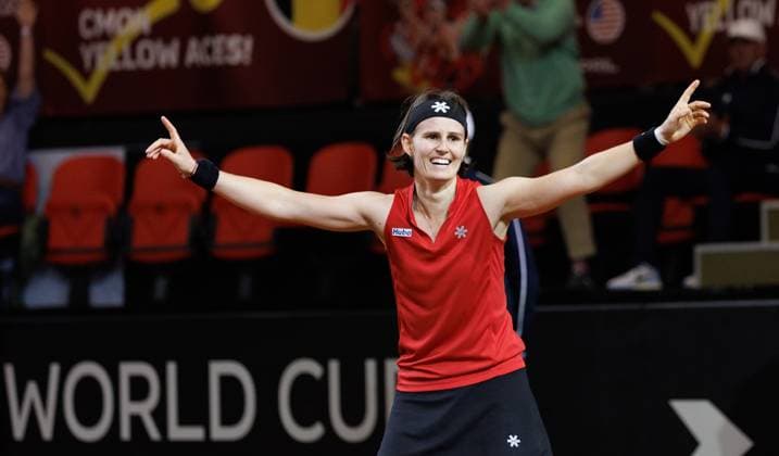 Belgian Greet Minnen celebrates winning her match the fourth game between Belgian Minnen and US Jovic on the second day of the qualifiers of the Billie Jean King Cup tennis between Belgium and the USA, in Oostende, Belgium, on Saturday 11 April 2026. The meeting takes place on 10 and 11th April. PHOTO BENOITxDOPPAGNE  x170494712x