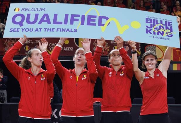 Belgian Elise Mertens, Belgian Magali Kempen, Belgian Hanne Vandewinkel and Belgian Greet Minnen pose for photographers after the fourth game between Belgian Minnen and US Jovic on the second day of the qualifiers of the Billie Jean King Cup tennis between Belgium and the USA, in Oostende, Belgium, on Saturday 11 April 2026. The meeting takes place on 10 and 11th April. PHOTO BENOITxDOPPAGNE  x170494732x