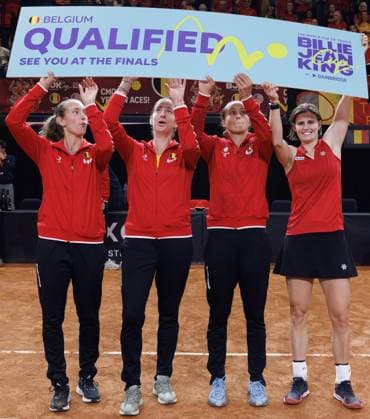Belgian Elise Mertens, Belgian Magali Kempen, Belgian Hanne Vandewinkel and Belgian Greet Minnen pose for photographers after the fourth game between Belgian Minnen and US Jovic on the second day of the qualifiers of the Billie Jean King Cup tennis between Belgium and the USA, in Oostende, Belgium, on Saturday 11 April 2026. The meeting takes place on 10 and 11th April. PHOTO BENOITxDOPPAGNE  x170494737x