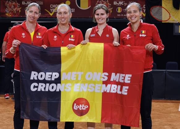 Belgian Magali Kempen, Belgian Elise Mertens, Belgian Greet Minnen and Belgian Hanne Vandewinkel pose for the photographer after the fourth game between Belgian Minnen and US Jovic on the second day of the qualifiers of the Billie Jean King Cup tennis between Belgium and the USA, in Oostende, Belgium, on Saturday 11 April 2026. The meeting takes place on 10 and 11th April. PHOTO BENOITxDOPPAGNE  x170494749x