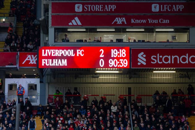 Football - FA Premier League - Liverpool FC v Fulham FC LIVERPOOL, ENGLAND - Saturday, April 11, 2026: Scoreboard at 90 minutes during the FA Premier League match between Liverpool FC and Fulham FC at Anfield. (Photo by David Rawcliffe Propaganda) LIVERPOOL Anfield MERSEYSIDE ENGLAND  Copyright: xDavidxRawcliffex P2026-04-11-Liverpool_Fulham-103