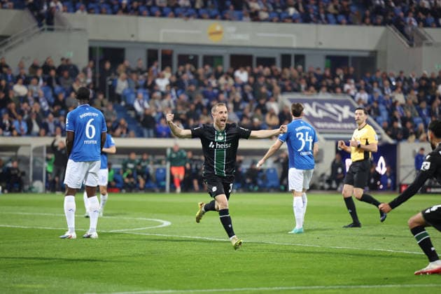 11.04.2026, xrekx, Fussball 2.Bundesliga, SV Darmstadt 98 - Hannover 96 v.l. Torjubel nach dem Tor zum celebrating the goal celebrate 0:1 durch Maurice Neubauer (Hannover 96) (DFL DFB REGULATIONS PROHIBIT ANY USE OF PHOTOGRAPHS as IMAGE SEQUENCES and or QUASI-VIDEO) Darmstadt