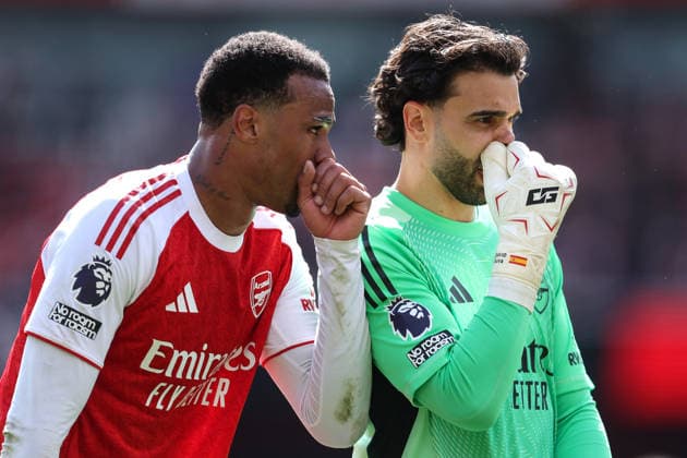 Arsenal v Bournemouth 11 April 2026, London - Premier League Football - Arsenal v AFC Bournemouth - Gabriel of Arsenal and goalkeeper David Raya - Photo: Charlotte Wilson Offside. London UK Copyright: xCharlottexWilsonx xOffsidexOffside