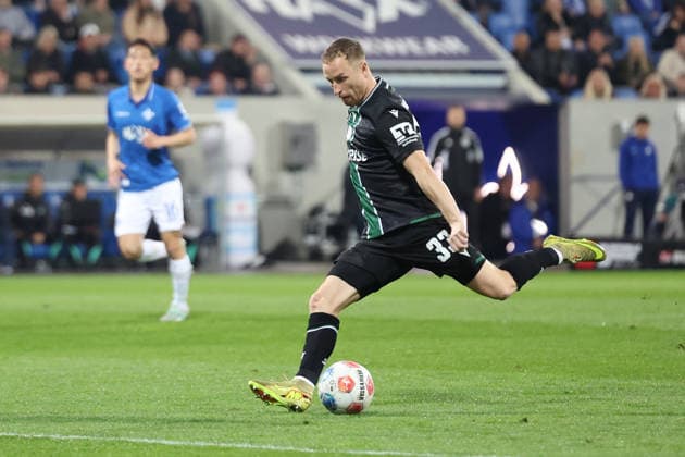 11.04.2026, xrekx, Fussball 2.Bundesliga, SV Darmstadt 98 - Hannover 96 v.l. Torschuss zum 0:1 durch Maurice Neubauer (Hannover 96) (DFL DFB REGULATIONS PROHIBIT ANY USE OF PHOTOGRAPHS as IMAGE SEQUENCES and or QUASI-VIDEO) Darmstadt