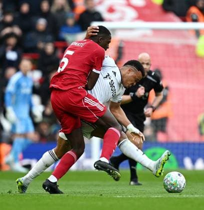 Ibrahima KonatÃ of Liverpool and Rodrigo Muniz of Fulham Liverpool v Fulham, Premier League, Football, Anfield, Liverpool, UK - 11 Apr 2026Liverpool Anfield United Kingdom EDITORIAL USE ONLY No use with unauthorised audio, video, data, fixture lists, club league logos or live services. Online in-match use limited to 120 images, no video emulation. No use in betting, games or single club league player publications.  Copyright: xAnnaxGowthorpe Shutterstockx 16823590bw