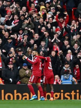 Mohamed Salah of Liverpool celebrates after scoring the team s second goal Liverpool v Fulham, Premier League, Football, Anfield, Liverpool, UK - 11 Apr 2026Liverpool Anfield United Kingdom EDITORIAL USE ONLY No use with unauthorised audio, video, data, fixture lists, club league logos or live services. Online in-match use limited to 120 images, no video emulation. No use in betting, games or single club league player publications.  Copyright: xAnnaxGowthorpe Shutterstockx 16823590cc