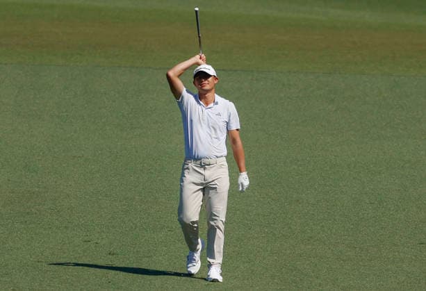 Collin Morikawa reacts after sinking an eagle on the 15th hole during the third round of the Masters Tournament at Augusta National Golf Club on Saturday, April 11, 2026, in Augusta, Georgia.  AUG20260411817 JOHNxANGELILLO