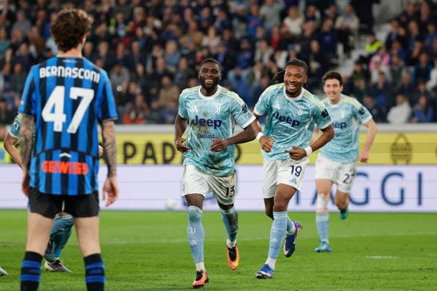 Jeremie Boga of FC Juventus celebrates after scoring goal in the 48th minute for 0-1 during the match of 2025-2026 Serie A football between Atalanta BC vs Juventus FC at the New Balance Arena Stadium on 11 April 2026 in Bergamo, BG.  Copyright: xEmanuelexPennacchio IPAxSportx xipa-agency.netx xx IPA_73899227 IPA_Agency_IPA73899227