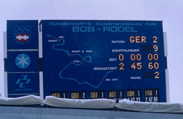 Olympische Winterspiele 1976 in Innsbruck Die Anzeigetafel der kombinierten Kunsteisbahn für Bob und Rodel bei den XII. Olympischen Winterspielen in Innsbruck. Sie zeigt das Ergebnis des Teams GER 2. Österreich, 1976 Innsbruck Tirol Österreich *** Olympic Winter Games 1976 in Innsbruck The Scoreboard the Combined Rink for Bob and Toboggan at the XII Olympic Winter Games in Innsbruck Them shows the Result the Teams ger 2 Austria, 1976 Innsbruck Tyrol Austria Copyright: xUnitedxArchivesx xSvenxSimonxSportx SVS_95020000062