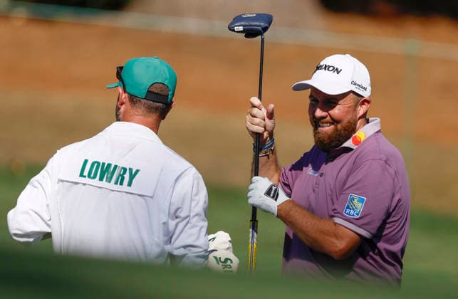 Shane Lowry of Ireland reacts after his approach shot to the 10th green during the third round of the Masters Tournament at Augusta National Golf Club on Saturday, April 11, 2026, in Augusta, Georgia.  AUG20260411823 JOHNxANGELILLO