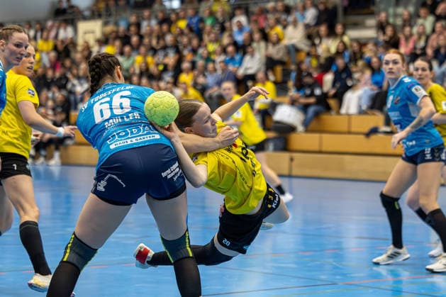 11.04.2026 Handball 3. Liga Frauen Staffel Nord Saison 2025 2026 21. Spieltag TSV Altenholz - SV Todesfelde. (Altenholz in Gelb Schwarz, Todesfelde in Blau) Lena Müller (li.), Lena Hedwig Altenholz Edgar-Meschkat-Halle, Danziger S Schleswig Holstein Deutschland *** 11 04 2026 Handball 3 Liga Women Staffel Nord Season 2025 2026 21 Matchday TSV Altenholz SV Todesfelde Altenholz in Yellow Black, Todesfelde in Blue Lena Müller li , Lena Hedwig Altenholz Edgar Meschkat Halle, Danziger S Schleswig Holstein Germany