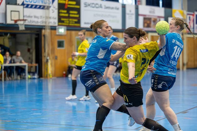 11.04.2026 Handball 3. Liga Frauen Staffel Nord Saison 2025 2026 21. Spieltag TSV Altenholz - SV Todesfelde. (Altenholz in Gelb Schwarz, Todesfelde in Blau) V.l.n.r.: Leonie Wulf, Helena Thielmann, Lina Asmussen Altenholz Edgar-Meschkat-Halle, Danziger S Schleswig Holstein Deutschland *** 11 04 2026 Handball 3 League Women Season North Season 2025 2026 21 Matchday TSV Altenholz SV Todesfelde Altenholz in Yellow Black, Todesfelde in Blue V l n r Leonie Wulf, Helena Thielmann, Lina Asmussen Altenholz Edgar Meschkat Halle, Danziger S Schleswig Holstein Germany