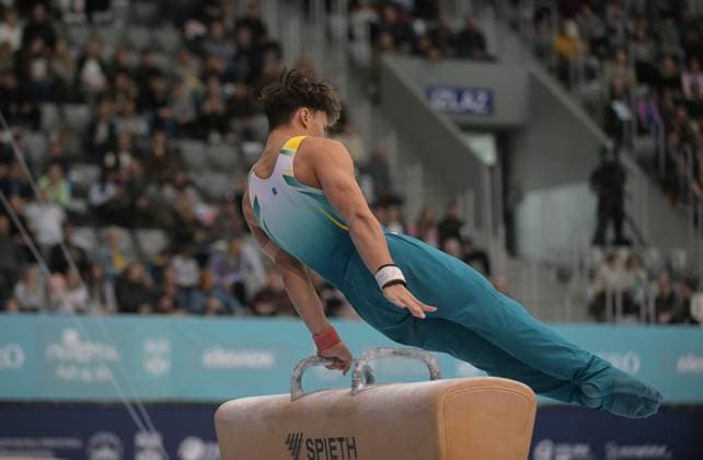 FIG APPARATUS WORLD CUP 2026 (CRO),Finals Day 1 (MAG, WAG), Hall Gradski vrt , Osijek, Croatia, 11.04.2026 HAGENS Tru (AUS) during FIG APPARATUS WORLD CUP 2026 (CRO),Final Day 1, Pommel Horse (MAG), Hall Gradski vrt , Osijek, Croatia, 11.04.2026 *** FIG APPARATUS WORLD CUP 2026 CRO ,Finals Day 1 MAG, WAG , Hall Gradski vrt , Osijek, Croatia, 11 04 2026 HAGENS Tru AUS during FIG APPARATUS WORLD CUP 2026 CRO ,Final Day 1, Pommel Horse MAG , Hall Gradski vrt , Osijek, Croatia, 11 04 2026 Copyright: xBEAUTIFULxSPORTS Stanusicx