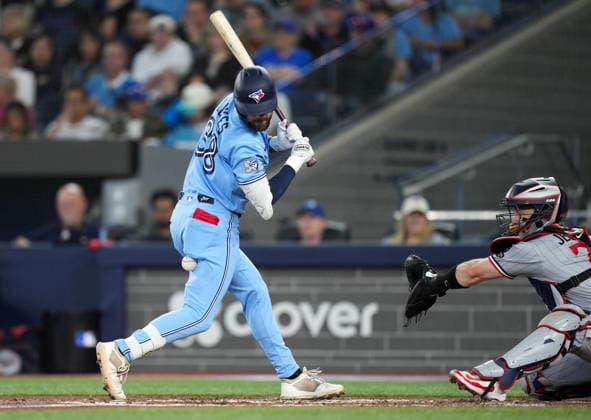 April 11, 2026, Toronto, On, CANADA: Toronto Blue Jays outfielder Nathan Lukes (38) gets hit by a pitch as Minnesota Twins catcher Ryan Jeffers looks on during second inning American League MLB, Baseball Herren, USA baseball action in Toronto on Saturday, April 11, 2026. Canada News - April 11, 2026  - ZUMAc35_ 20260411_zaf_c35_085 Copyright: xNathanxDenettex