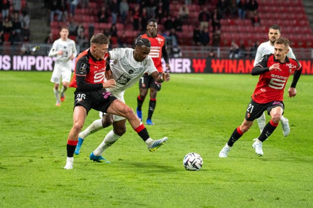 FOOTBALL : Stade Rennais vs Angers SCO - Ligue 1 - JournÃ e 29 - 11 04 2026 Quentin Merlin (Stade Rennais FC), Lilian Raolisoa (Angers SCO), Valentin Rongier (Stade Rennais FC) RennesFrance  Copyright: xEmilienxJousselinx