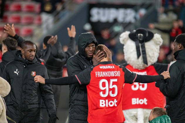 FOOTBALL : Stade Rennais vs Angers SCO - Ligue 1 - JournÃ e 29 - 11 04 2026 Breel Embolo (Stade Rennais FC), Przemyslaw Frankowski (Stade Rennais FC) RennesFrance  Copyright: xEmilienxJousselinx
