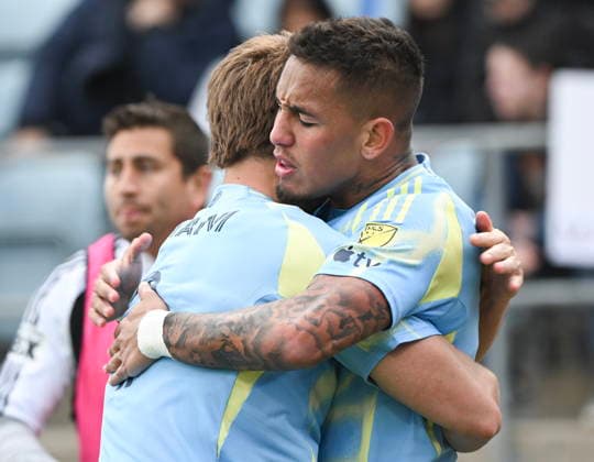 April 11, 2026, Montreal, Pq, Canada: Philadelphia Union s Jesus Bueno, right, celebrates with teammate Bruno Damiani after scoring against CF Montreal during second half MLS, Fussball Herren, USA soccer action in Montreal, Saturday, April 11, 2026. Jesus Bueno, Bruno Damiani,  - ZUMAc35_ 20260411_zaf_c35_114 Copyright: xGrahamxHughesx
